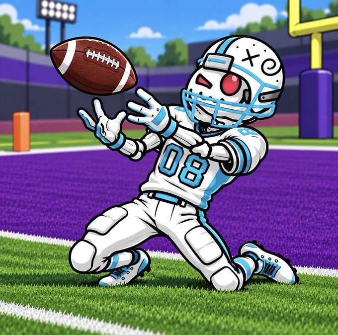 A cartoon illustration of a robotic football player wearing a white and blue uniform with the number 08, kneeling to catch a football on a purple field.