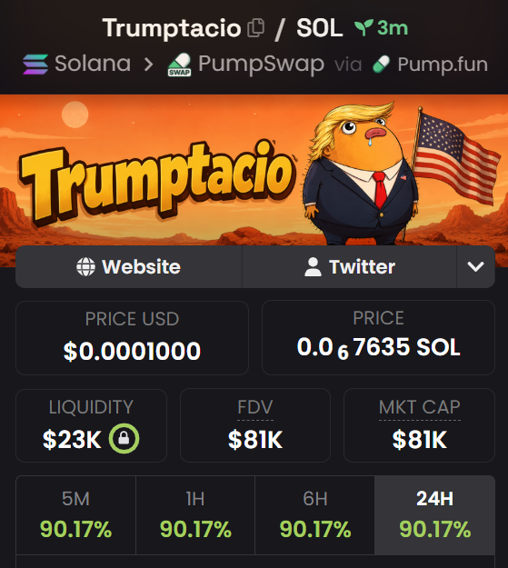 The image shows a DexScreener listing for the Solana-based meme coin $TRUMPTACIO, featuring a cartoon potato character styled like Donald Trump in a suit beside an American flag. Key metrics displayed include a price of $0.0001000, $23K liquidity, and an $81K market cap, with the coin launched on PumpSwap via Pump.fun—matching the post's announcement of the token being live on DexScreener.