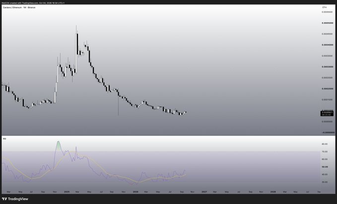 A TradingView candlestick chart of Cardano (ADA/USD) on Binance displays a sharp peak around late 2024 followed by a sustained downtrend through 2026, paired with an RSI indicator showing elevated then declining momentum. The image accompanies a recommendation to buy ADA, seemingly countering the visible bearish price action by suggesting an accumulation opportunity at current lows.