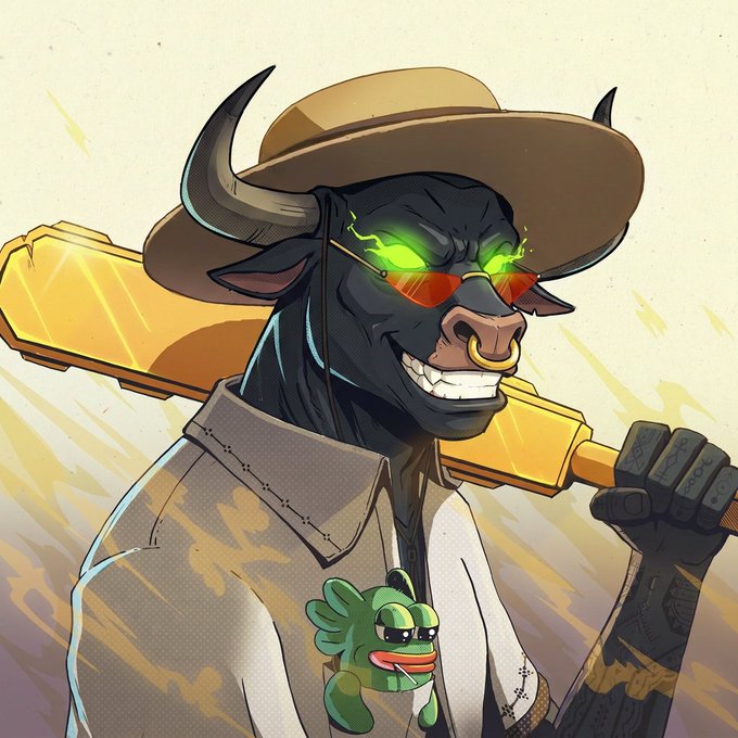 A confident, snarling cartoon bull wearing a tan hat, red shades, and a nose ring holds a glowing golden baseball bat over his shoulder, with a small green frog character visible near his shirt. The fierce, fiery-eyed bull imagery directly reflects the "bull is coming" caption, signaling bullish momentum for the @SOLsesame project.