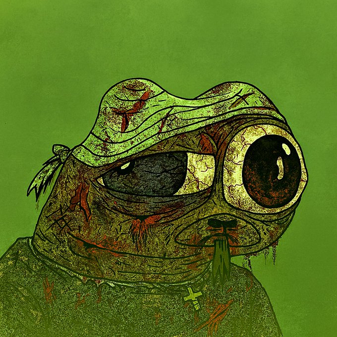 A stylized, eerie illustration of a zombie-like frog character with one large bulging eye and one squinted eye, wearing a cross necklace against a green background.