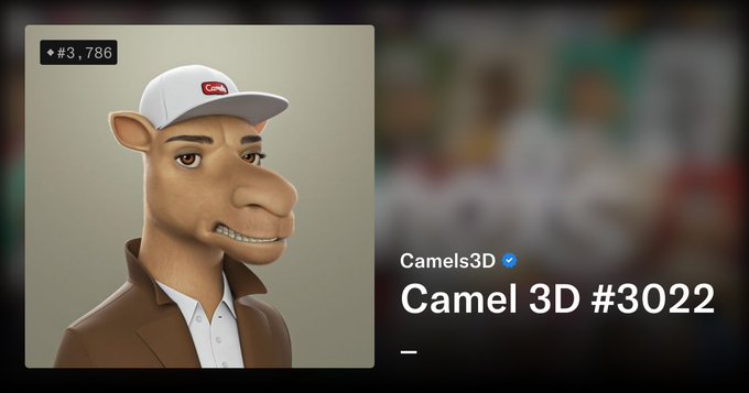 A digital NFT listing titled 'Camels3D - Camel 3D #3022' priced at 3,786, featuring a 3D-rendered cartoon character of a camel wearing a white 'Camel' cap and a brown jacket.