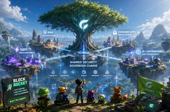 Canopy crypto 'Block Rocket' ecosystem infographic depicting a giant tree connecting 'RWA Compliance & Control,' 'Consumer Apps,' 'DeFi,' and 'AI + Automation,' with shared security and sovereign chains built on Canopy.