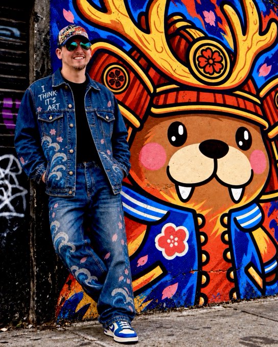 A man wearing a blue denim jacket and jeans with painted wave and flower patterns stands in front of colorful street art featuring a cartoon bear character with a samurai helmet.