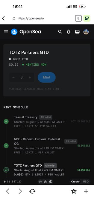 A mobile screenshot of an OpenSea NFT minting page for 'TOTZ Partners GTD' at 0.0003 ETH, displaying a mint schedule with eligibility statuses for teams like 'Racerz' and 'Funkari'.