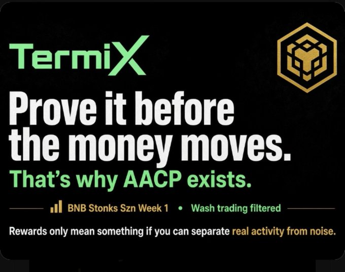 A promotional graphic for 'TermiX' with the tagline 'Prove it before the money moves. That's why AACP exists.' along with 'BNB Stonks Szn Week 1' and 'Wash trading filtered'.