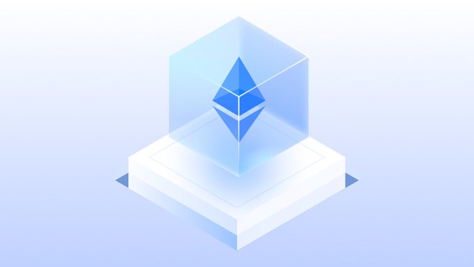 A 3D isometric graphic of the Ethereum logo inside a transparent glass cube resting on a pink and white platform with a soft gradient background.