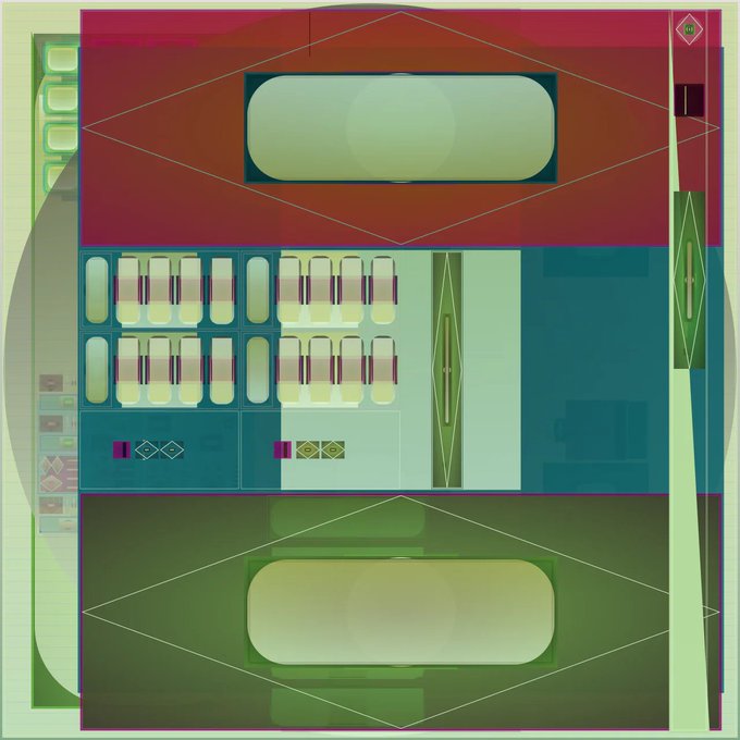 A geometric abstract composition with symmetrical shapes in muted reds, greens, and teals, featuring oval forms, rectangles, and diamond patterns.