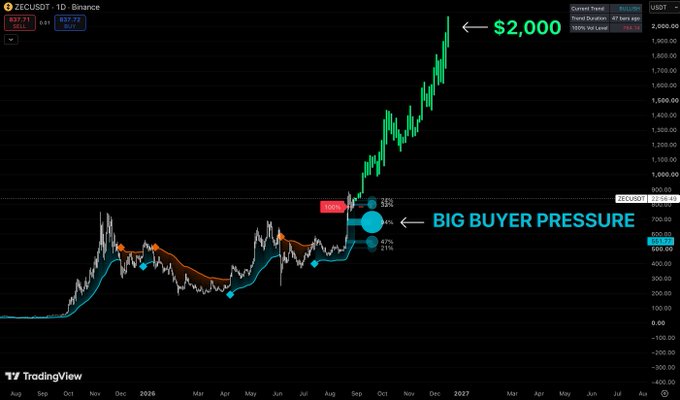 A TradingView chart of ZECUSDT on Binance shows the asset's price surging to around $2,000 after a major breakout, with annotations highlighting "BIG BUYER PRESSURE" near the $700 level where a large cyan accumulation circle marks the pre-rally demand zone. The post frames this consolidation around $700 as the key accumulation signal that foreshadowed ZEC's explosive move to $2,000.