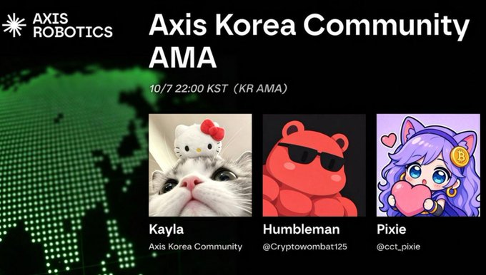 The image is a promotional graphic for the "Axis Korea Community AMA" hosted by Axis Robotics, scheduled for 10/7 at 22:00 KST, featuring three hosts: Kayla (Axis Korea Community), Humbleman (@Cryptowombat125), and Pixie (@cct_pixie), shown with their respective profile pictures. The graphic relates to the accompanying post by highlighting the Kaito yap session for @axisrobotics, which is expected to progress through Epoch 3 with potential TGE news to come from the AMA.