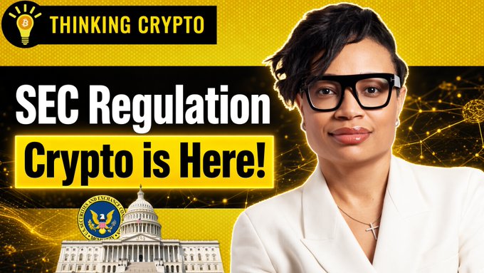 The image is a YouTube thumbnail featuring a woman in glasses and a white blazer alongside bold text reading "SEC Regulation Crypto is Here!" under the "THINKING CRYPTO" banner, with the U.S. Capitol and SEC seal displayed, visually promoting the discussion about the SEC's new crypto guidance featuring lawyer Tiffany Smith.