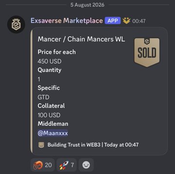 A Discord message from Exsaverse Marketplace showing a sold listing for 'Mancer / Chain Mancers WL' at 450 USD each with 100 USD collateral by @Maanxxx, dated 5 August 2026.