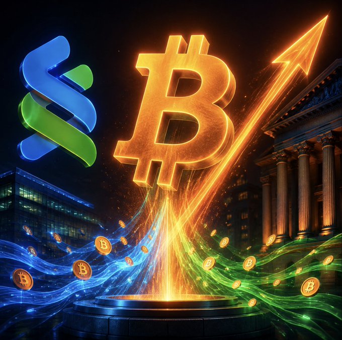 The image shows a glowing golden Bitcoin symbol shooting upward like a rocket, alongside the S&P 500 logo and a classical building, symbolizing Bitcoin's surging value amid strong institutional demand as highlighted by Standard Chartered's bullish $126,000 year-end price target.