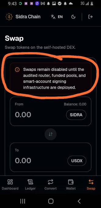 A screenshot of the Sidra Chain 'Swap' page with a hand-drawn orange circle highlighting the warning: 'Swaps remain disabled until the audited router, funded pools, and smart-account signing infrastructure are deployed.'