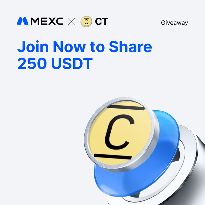 The image is a promotional banner featuring the MEXC logo alongside the $CT (Catizen) logo, announcing a "Giveaway" with the headline "Join Now to Share 250 USDT," accompanied by a 3D render of gold and blue $CT tokens to visually tie the giveaway prize to the featured cryptocurrency token.