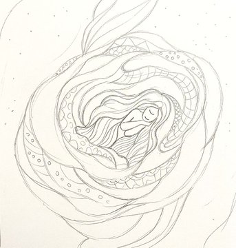 A pencil sketch of a swirling, stylized rose-like form with intricate patterns and flowing tendrils, presented as proof of an artist's creative process on the Tezos-based NFT platform objkt.com.

Note: The token address "KT1RbMY…" is not visible within the image itself but is referenced in the accompanying post.