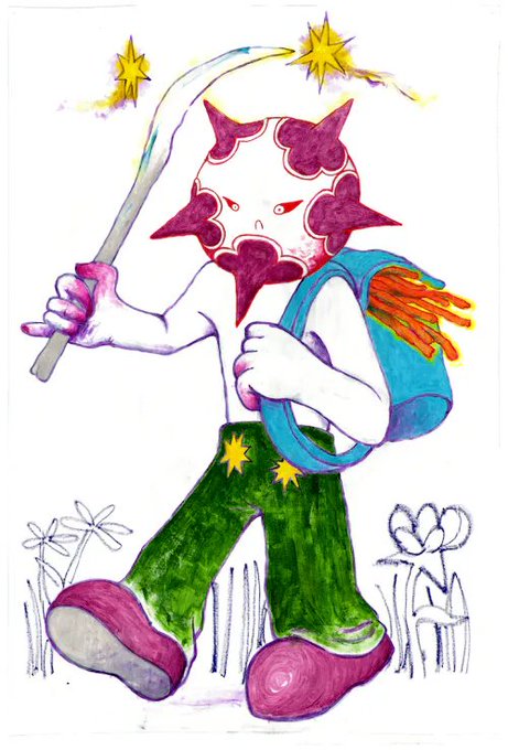 A childlike crayon drawing of a horned character in green pants and pink shoes, holding a wand that shoots stars and wearing a backpack.