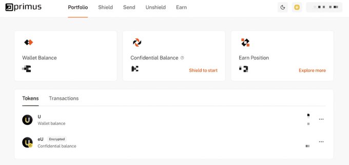 A Primus crypto portfolio dashboard shows the “Portfolio” tab selected, with cards for “Wallet Balance,” “Confidential Balance,” and “Earn Position,” plus token rows labeled “U” and “eU.”