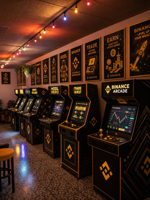 A dimly lit arcade filled with black and gold Binance-branded gaming cabinets, featuring titles like "HODL Hero," "Trade Quest," "Earn," and "Binance Arcade" displayed on screens and posters along the wall. The setup ties into the post by showcasing various Binance-themed games, inviting viewers to choose which crypto-inspired arcade experience to try first.
