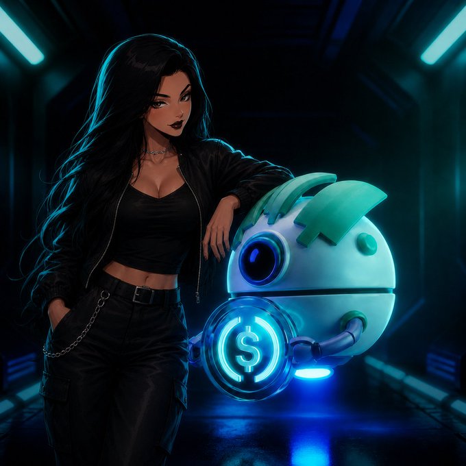 A girl wearing black clothes and standing next to a robot with blue lights next to a dollar sign that says $ZIG. The picture also talks about an economy cryptocurrency called stablecoins, where people can invest their money into these tokens for various uses like digital asset management or even in buying products from sellers on the platform.
