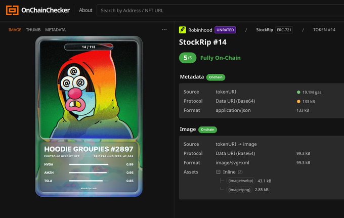 A screenshot of the OnChainChecker website displaying the metadata for a digital asset named 'HOODIE GROUPIES #2897', which features a colorful illustration of a clown, alongside information for 'StockRip #14' by Robinhood.