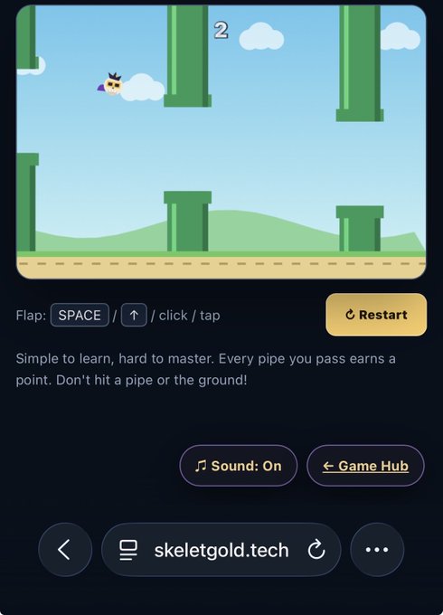 A Flappy Bird-style game on skeletgold.tech showing a small character flying through green pipes with the instruction 'Flap: SPACE / ↑ / click / tap' and a score of 2.