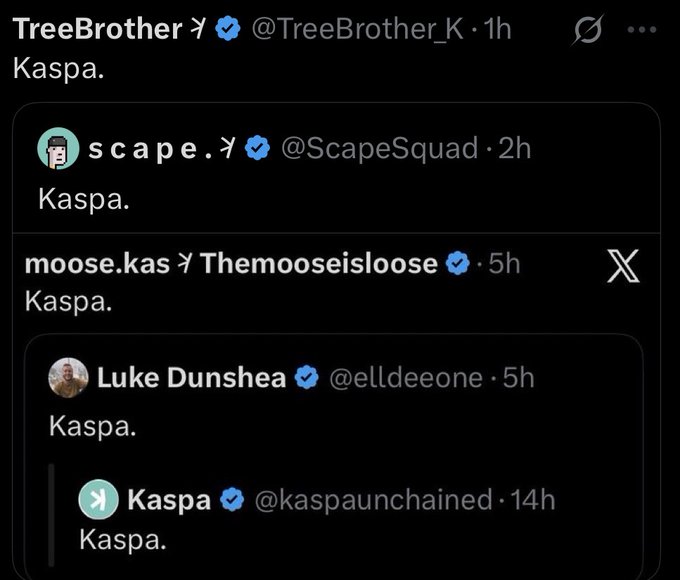 A Twitter thread where multiple users (@TreeBrother_K, @ScapeSquad, @Themooseisloose, @elldeeone, and the official @kaspaunchained) each reply with just the single word "Kaspa." to the original post.