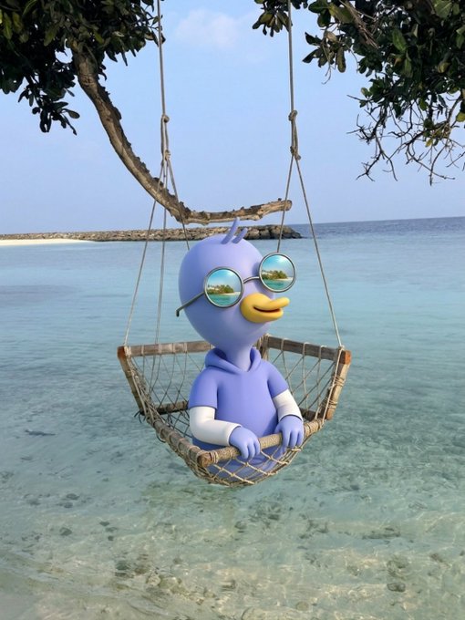 A lavender cartoon duck wearing round reflective sunglasses relaxes in a woven rope swing suspended over crystal-clear turquoise water, perfectly capturing the laid-back weekend vibe of "GM Web3 — Embracing the slow pace of the weekend. Happy Saturday!"