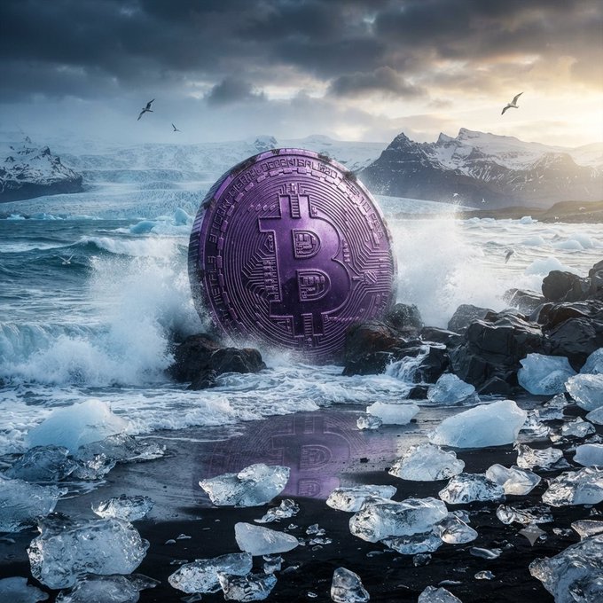 A large purple Bitcoin coin resting on icy rocks by the ocean, with its reflection visible on a wet surface in the foreground, surrounded by ice chunks, crashing waves, and a cloudy sky.
