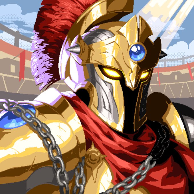 A pixel art illustration depicts a golden-armored warrior or gladiator wearing a helmet with a red crest and a red scarf, standing in what appears to be a colosseum.