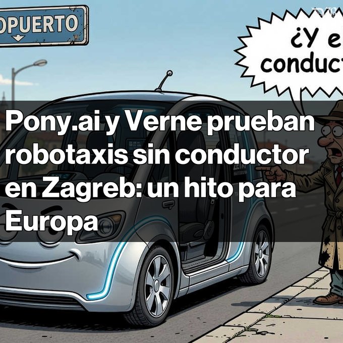An illustrated image of a small driverless car with the Spanish text: 'Pony.ai y Verne prueban robotaxis sin conductor en Zagreb: un hito para Europa'.