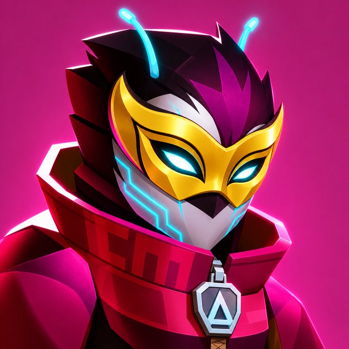 A stylized animated character with a golden mask, glowing cyan antennae, and a red hooded outfit stands against a bright pink background.