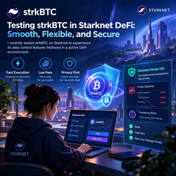 A promotional graphic for 'strkBTC on Starknet DeFi' highlighting features like Fast Execution, Low Fees, and Privacy First, with a woman using a laptop showing Starknet DeFi interface.