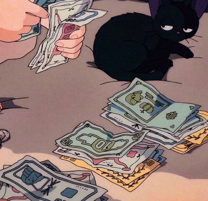 Hands count colorful stacks of paper currency alongside a disinterested black cat lounging on a soft surface, perfectly capturing the relaxed "gm winners" vibe of casually checking morning gains.