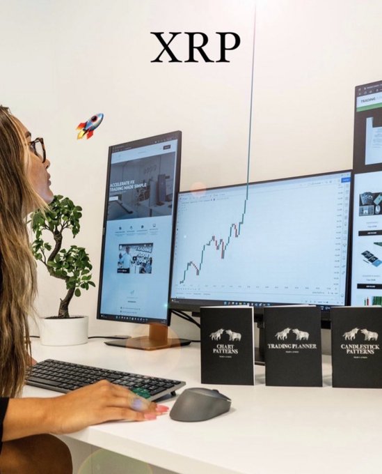 A woman analyzes cryptocurrency charts on a multi-monitor setup, with "XRP" prominently displayed above her workspace alongside trading materials labeled "Chart Patterns," "Trading Planner," and "Candlestick Patterns," reinforcing the post's bullish call to buy XRP before a price surge.