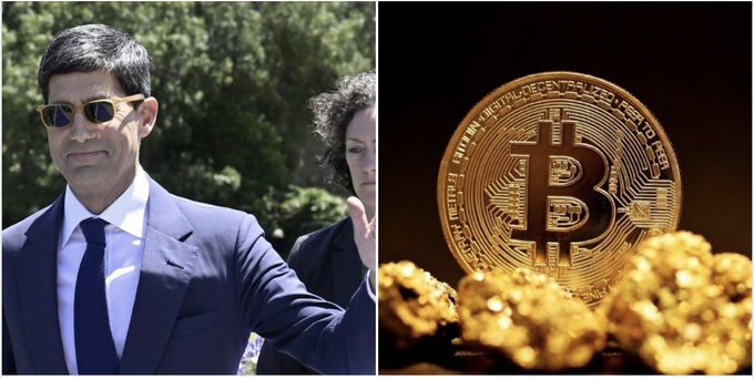 The image is a split composition showing Kevin Warsh, former Federal Reserve Governor, walking outdoors in a suit and sunglasses on the left, alongside a physical Bitcoin token displayed against gold coins on the right—visually pairing the Fed chairman's statement that Bitcoin is "the new gold" for investors under 40 with imagery of both the cryptocurrency and its traditional comparison asset.
