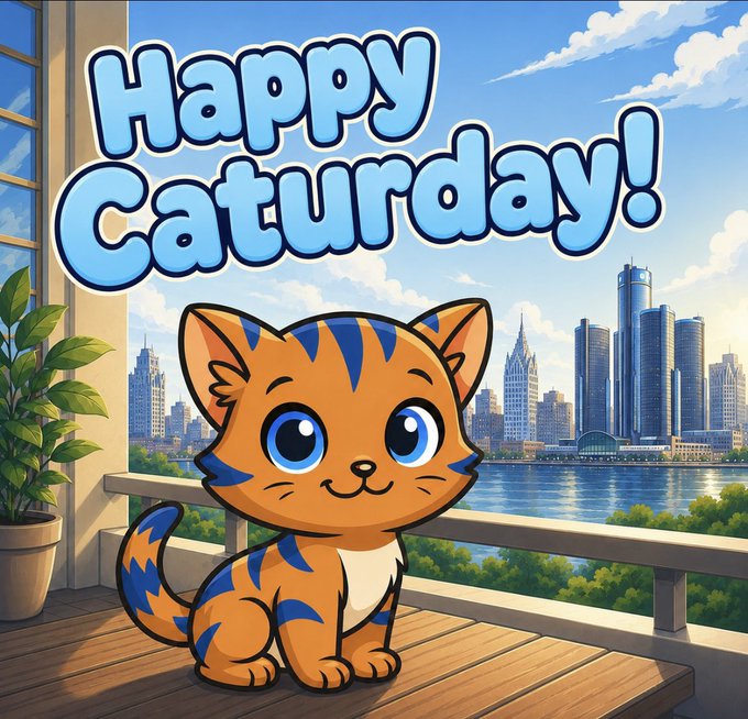 A cartoon illustration of an orange tabby kitten sitting on a balcony overlooking a city skyline, with the text 'Happy Caturday!' in bubbly blue letters.