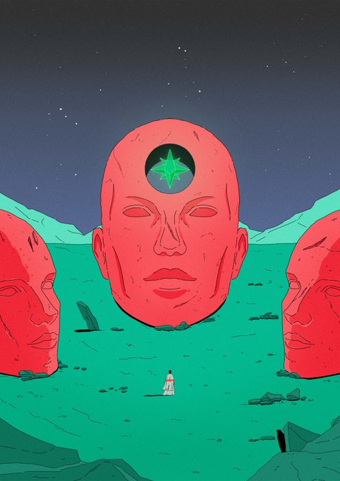 A surreal digital illustration depicting a small figure in white robes standing before a giant red face with a glowing green star for an eye, flanked by two smaller red faces in a green landscape under a dark starry sky.