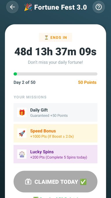 Mobile app screen for 'Fortune Fest 3.0' showing a countdown of 48d 13h 37m 09s, Day 2 of 50 with 50 Points, listing missions like Daily Gift, Speed Bonus, and Lucky Spins, marked as 'CLAIMED TODAY'.