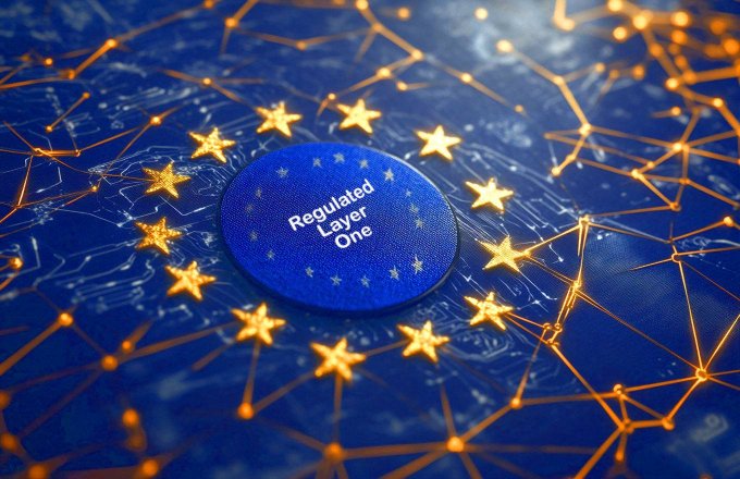 A conceptual image showing a blue circle labeled 'Regulated Layer One' surrounded by golden stars on a digital blockchain network background, representing European Union cryptocurrency regulation.