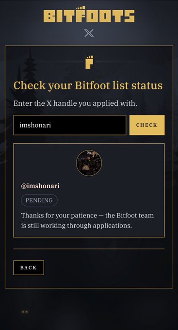 A Bitfoots whitelist status check page showing 'imshonari' with a 'PENDING' application status.