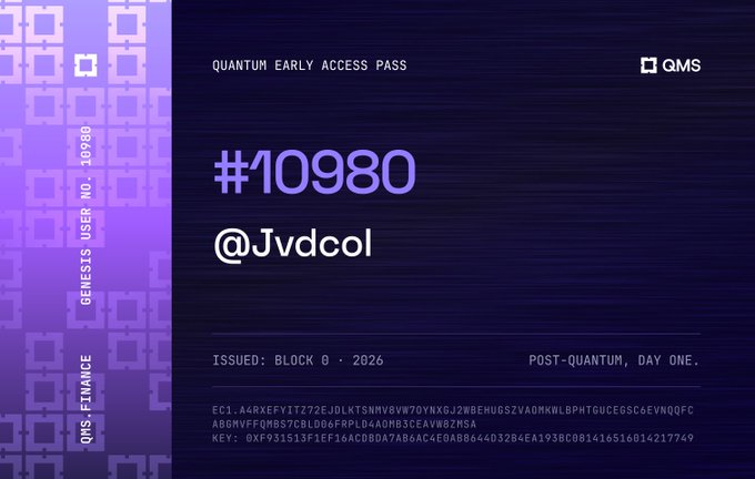 A purple "QUANTUM EARLY ACCESS PASS" card displays "#10980" and "@Jvdcol," issued "BLOCK 0 · 2026," labeled "POST-QUANTUM, DAY ONE," with "GENESIS USER NO. 10980" on the side and a long cryptographic key at the bottom.