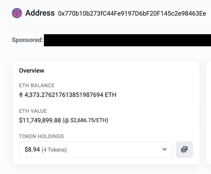 The image shows an Etherscan overview page for an Ethereum address (0x770b10b273fC44Fe9197D6bfF20F145c2e98463E) with a balance of 4,373.27 ETH (~$11.7M), which the post identifies as one of the "Bitget Exploiter" wallets involved in draining tens of millions in ETH, USDT, USDC, XAUt, AVAX, and BNB during the Bitget hack.