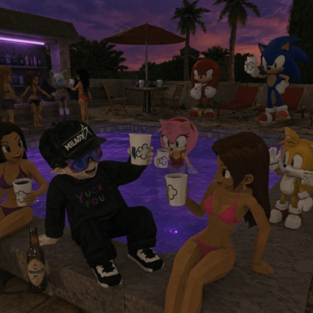 The image depicts a 3D-rendered pool party scene at sunset, featuring various gaming characters including Sonic, Knuckles, Tails, Amy Rose, and Rouge the Bat mingling with bikini-clad women around a purple pool. A character in the foreground wears a black hat with "MILADY" text and a shirt reading "YUCK FOU," fitting the post's "pool full of purp @Ravenkek" reference to the purple pool water.