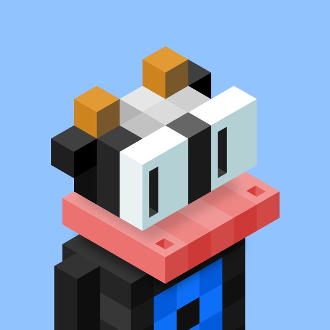 An isometric voxel art character resembling a panda with white glasses, orange ears, and a pink platform base against a light blue background.