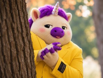 A unicorn mascot with purple hair peeks suspiciously from behind a tree, clutching its paws together in a scheming pose while wearing a yellow blazer. The image's mischievous "sneaky unicorn" vibe complements the post's playful slang about scoring a "juicy bag," suggesting the cunning thrill of a profitable trade or deal.