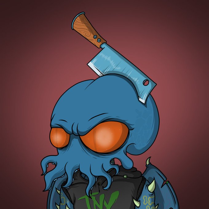 Cartoon illustration of a blue octopus-like creature with large orange eyes wearing a black hoodie with 'TNV' logo and spiked shoulder armor, with a large meat cleaver knife embedded in the top of its head.