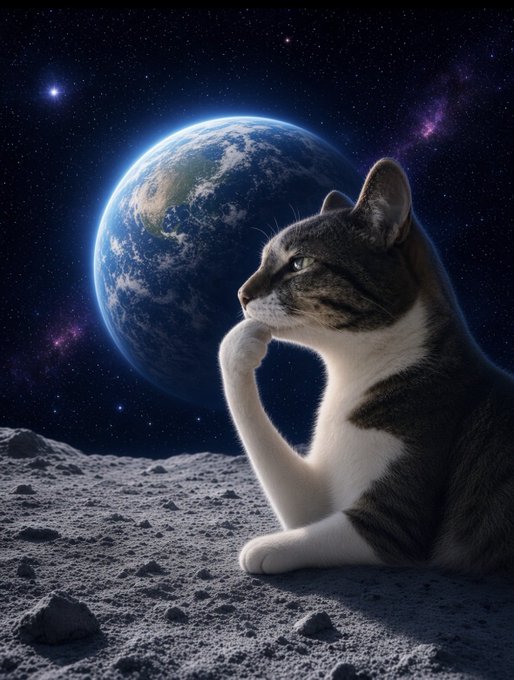 A tabby and white cat sitting on a rocky lunar surface, gazing thoughtfully at the Earth from space.
