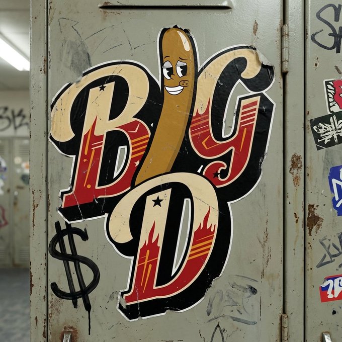 A sticker on a metal locker features a cartoonish phallic character with a smirking face emerging from bold red and black "BIGD" lettering, with a dollar sign below. The provocative imagery aligns with the $BIGD cryptocurrency airdrop announcement, using edgy, meme-style branding to promote the token's launch.