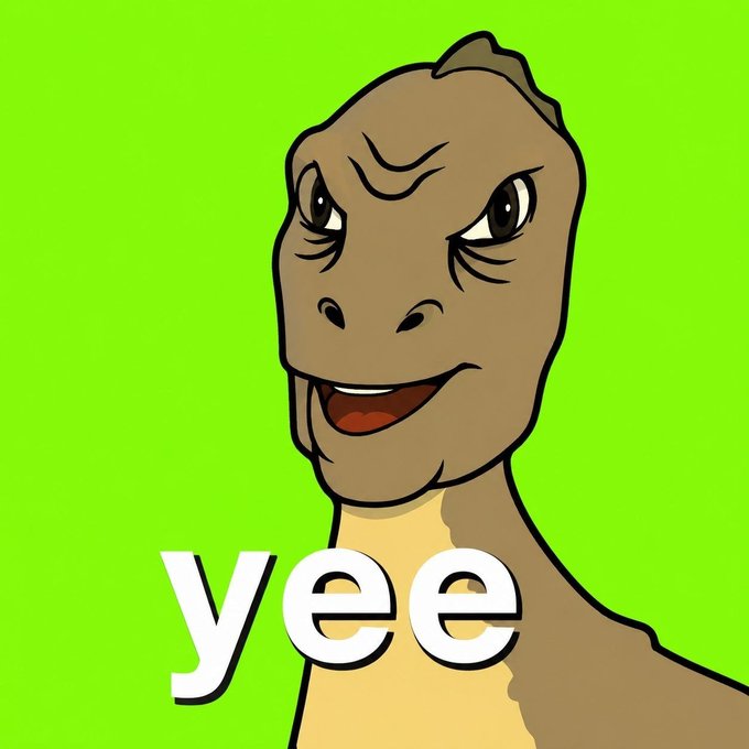 A cartoon dinosaur character with a sly expression appears on a bright green background with the word 'yee' written below it.